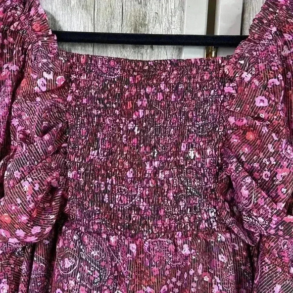 Torrid Top Sz 0 Large Peplum Keyhole Smocked Paisley Purple Pink Long Sleeve NEW - Picture 8 of 10